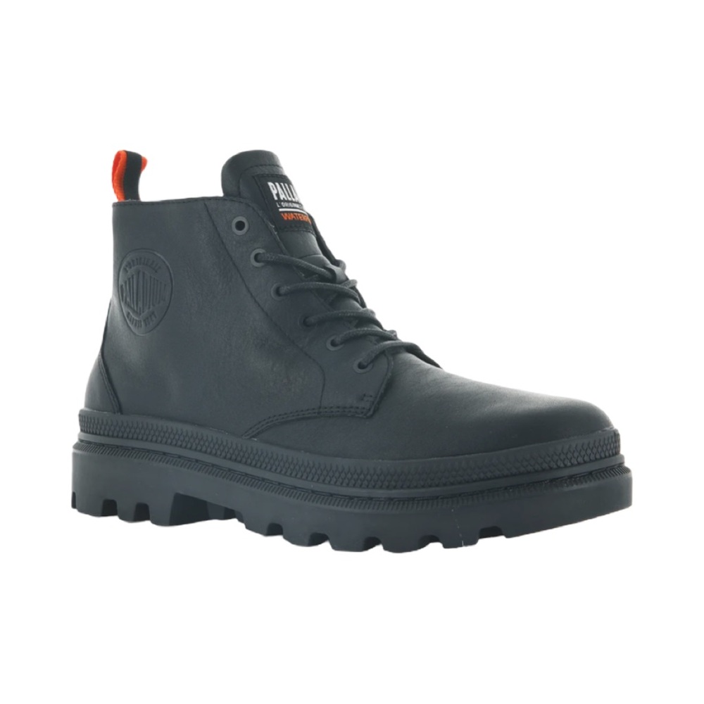 Palladium Black Leather Combat Boots with Red Heel Tab